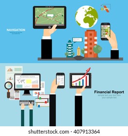 Vector illustration concept of holding tablet with mobile navigation. Concepts for business planning and accounting, analysis, audit, project management, marketing, research in flat design style.