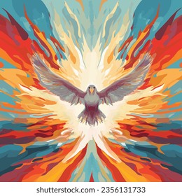 Vector illustration of the concept of the holy spirit, dove form with energy radiating outward in multiple colors