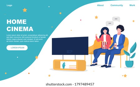 Vector illustration concept of home cinema. Happy couple sitting on couch and watching movie on TV monitor