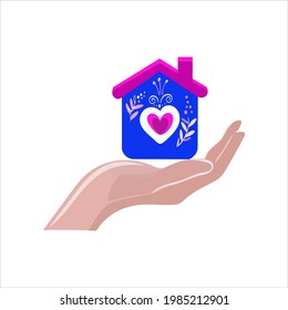 Vector illustration of a concept house on the palm of a person in the form of safety and protection on a white isolated background