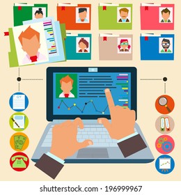 vector illustration concept of human resources management, finding professional staff, head hunter job, employment issue and analyzing personnel resume.infographics.