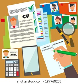 vector illustration concept of human resources management, finding professional staff, head hunter job, employment issue and analyzing personnel resume.infographics.