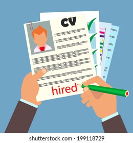 vector illustration concept of human resources management, finding professional staff, head hunter job, employment issue and analyzing personnel resume.