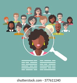 Vector illustration concept of human resources management, professional staff research, head hunter job with magnifying glass in flat style.