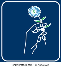 vector illustration concept, icon, hand with flower, money gift symbol 