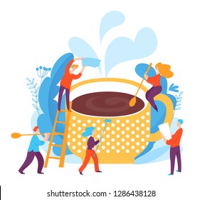 Vector illustration with concept idea. Coffee creating process with abstract people.  