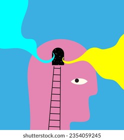 Vector illustration. The concept of the inner world. Head with stairs and arch.