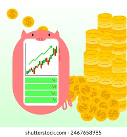 Vector illustration in concept Inserting coins into the phone It's shaped like a piggy bank and has a graph, saving money for investment, financial growth, and income through investing, dividends.