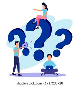 Ilustración vectorial, ilustración del concepto de personas inteligentes, empresarios, freelancers que a menudo hacen preguntas en torno a signos de interrogación, respuestas a preguntas metafóricas - vectores.