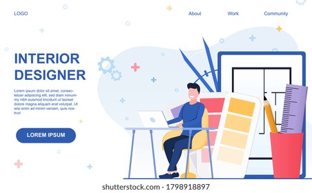 Vector illustration concept of interior designer. Man projecting interior of homes, flats and apartments on laptop indoors. Webpage template