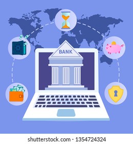 Vector illustration of the concept of Internet banking. Symbols of the global banking network. Online financial transactions, accumulation and saving of funds. 