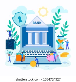 Vector illustration of the concept of Internet banking, online financial transactions, accumulation and saving of funds, online payment transactions.