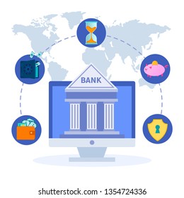 Vector illustration of the concept of Internet banking, symbols of online web financial payment transactions, worldwide banking network.