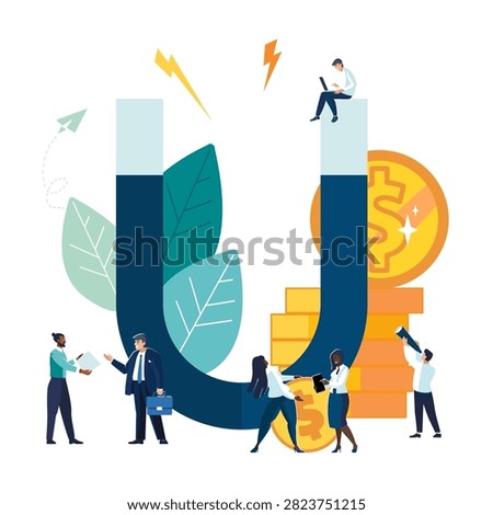 Vector illustration. Concept of investment attraction, success magnet, money attraction. profitable income. Business, ethnic people, African American, European, teamwork. Offers with coins, dollars account, action, advance, advantage, agreement, air, allocation, alternative, ambition, ancient, application, architecture, bloom, building, challenge, 
coworking, flyer, magazine achievement, clip art, info graphic, booklet, office, work, infographic, SEO, headline, computer,


