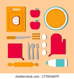 Vector illustration concept with knolling food to cook apple pie. Ingridients as cinnamon, eggs, milk and kitchen tools on table. Red and orange colors. Simplified flat design