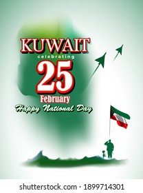 Vector illustration concept of Kuwait National day greeting, 25 february, soldier with rifle and helmet, kuwait flag.