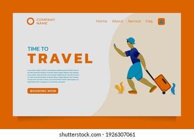 vector illustration, Concept of landing page on travel theme, a man is running with a suitcase. Landing page template. Easy to edit and customize.