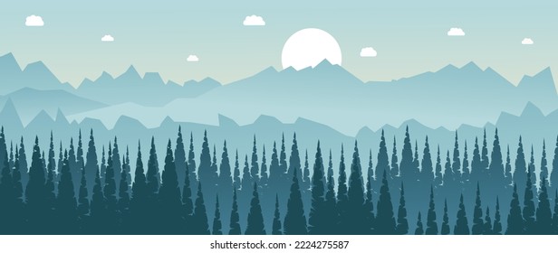 Ilustración vectorial. El concepto de diseño paisajístico Hermoso fondo. La imagen muestra un paisaje de montaña verde degradado con bosque, montañas, puesta de sol o amanecer y nubes.