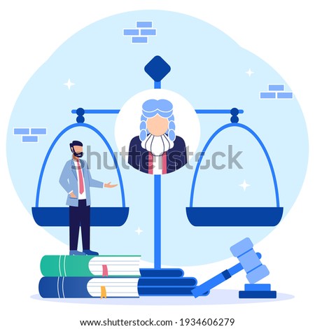Vector illustration of the concept of law as a study of jurisprudence and assessing cases. Decisions with a symbolic hammer are the right of the appraisal authority. Control and protection of justice.