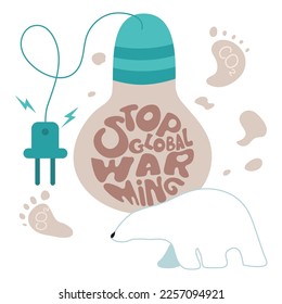 Vektorgrafik-Konzept mit der Beschriftung STOP GLOBAL WARMING in Glühbirnen und Eisbären. Tiere des Klimawandels sterben aus. Stadtemissionen CO2, CO2-Fußabdruck.