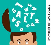Vector illustration of a concept - a lot of letters flying out of a man's head. Fountain of letters from the head writer or blogger.