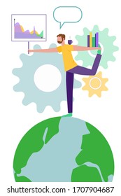 Vector illustration of the concept of life and work balance, of meditation and yoga during working hours, thought process. Young man doing yoga with multitask. Flat vector