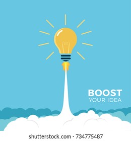 Vector illustration concept light bulb rocket launch for idea boost.