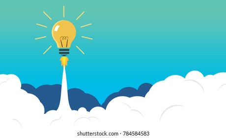 Vector illustration concept light bulb rocket launch for idea boost.