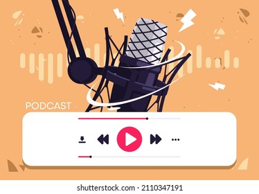 vector illustration of the concept of listening to podcasts , studio microphone for sound recording with a player interface