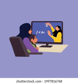 Vector illustration concept of the little kid enjoying online learning with her mom.