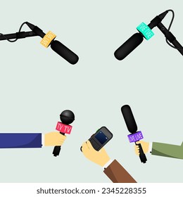 Vector illustration of a concept live news, reports, interviews, voice recorders, microphones in the hands of journalists. Live news template. Press illustration.