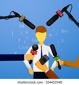 Vector illustration of a concept live news, reports, interviews, voice recorders, microphones in the hands of journalists.
