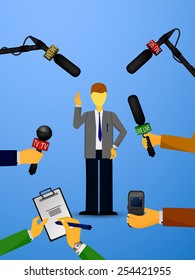 Vector illustration of a concept live news, reports, interviews, voice recorders, microphones in the hands of journalists.