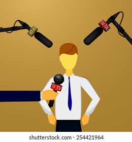 Vector illustration of a concept live news, reports, interviews, voice recorders, microphones in the hands of journalists.
