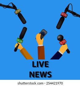 Vector illustration of a concept live news, reports, interviews, voice recorders, microphones in the hands of journalists.