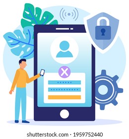 Vector illustration of Concept Login page on user account mobile screen. Desktop computer with login forms and login buttons for web pages, banners, presentations, social media, documents, posters.