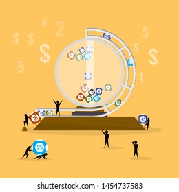 Vector illustration of the concept of looting, winning, bingo. Flat style little men teamwork move the balls building the necessary combinations.