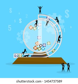 Vector illustration of the concept of looting, winning, bingo. Flat style little men teamwork move the balls building the necessary combinations.