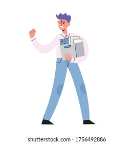 Vector illustration of concept loss of work by employe isolated on white. Angry man throwing punch and holding box of stuff leaving work, character design in modern flat style