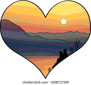 Vector Illustration - Concept of Love, Couple in love looking to the sunset over the mountains and sea, picture in hearth shape