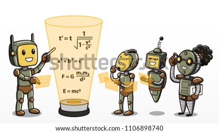 Vector illustration of the concept of machine learning, depicting one android teaching a group of robots about mathematic equations. 