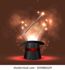 Vector illustration concept magic shiny background, magic, witchcraft, good and evil. Background glowing wand and magical hat