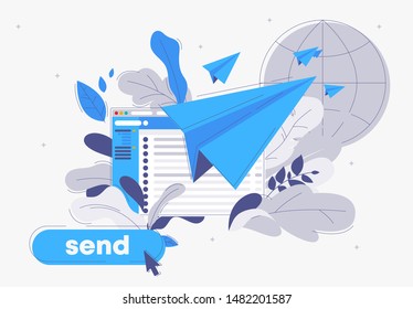 Vector illustration of the concept of mail client in the browser, button sending e-mail to the world wide web, paper plane letters
