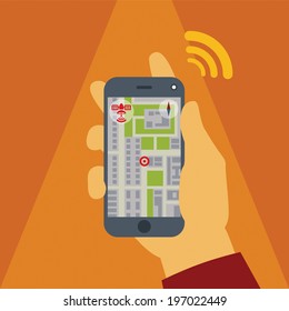 Vector illustration concept of man holding smartphone in hand with gps navigation.