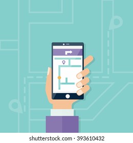 Vector illustration concept of man holding smartphone with mobile gps navigation on a screen and route with check-in symbols.