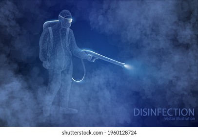 El concepto de ilustración vectorial de un hombre con traje protector hace el tratamiento desinfectante, en un fondo azul oscuro, un símbolo de medicina, química.