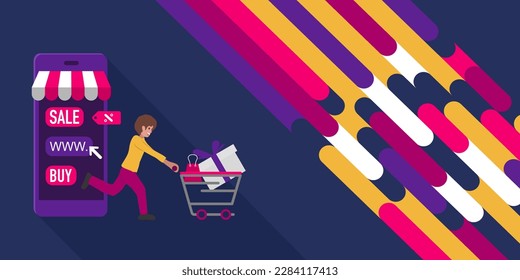 vector illustration concept man pushing a shopping cart off the phone screen and has a beautiful colorful background
