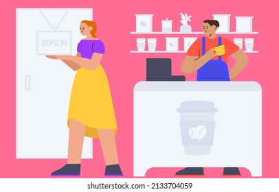 vector illustration concept of a man and woman in a coffee shop