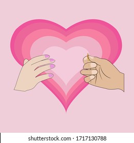 Vector illustration of the concept of a man's hand holding a wedding ring that will be given to the woman's couple hand.  background symbol of heart pink color.
