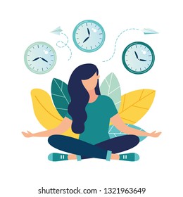 Vector illustration, concept of meditation during working hours, break, health benefits of the body, mind and emotions, thought process